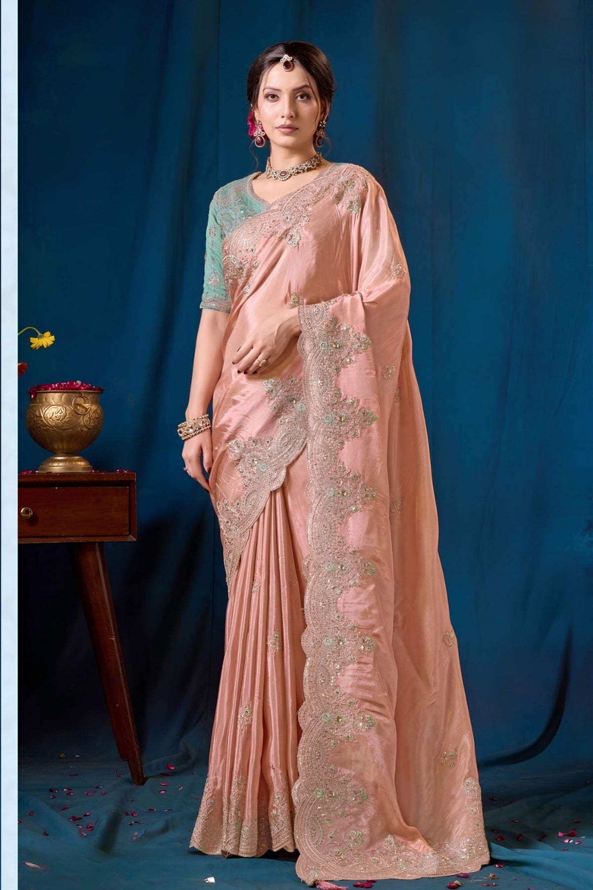 Exquisite Peach Pink Pure Viscose Saree Embroidery Work Ready Made Blouse for Women
