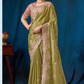 Elegant Olive Green Pure Viscose Saree Embroidery Work Ready Made Blouse for Women