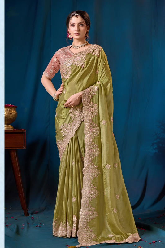 Elegant Olive Green Pure Viscose Saree Embroidery Work Ready Made Blouse for Women