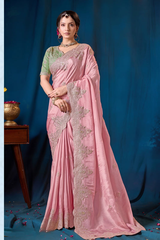 Graceful Baby Pink Pure Viscose Saree Embroidery Work Ready Made Blouse for Women