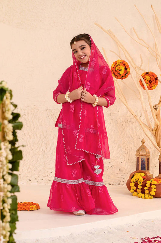 Bright Pink Embroidered Girls Salwar Suit with Dupatta