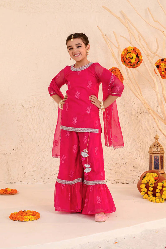 Bright Pink Embroidered Girls Salwar Suit with Dupatta