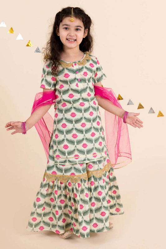 Superb Cream Floral Print Girls Salwar Suit with Dupatta