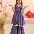 Trendy Purple Bandhani Print Girls Sharara Set with Tassel Detailing