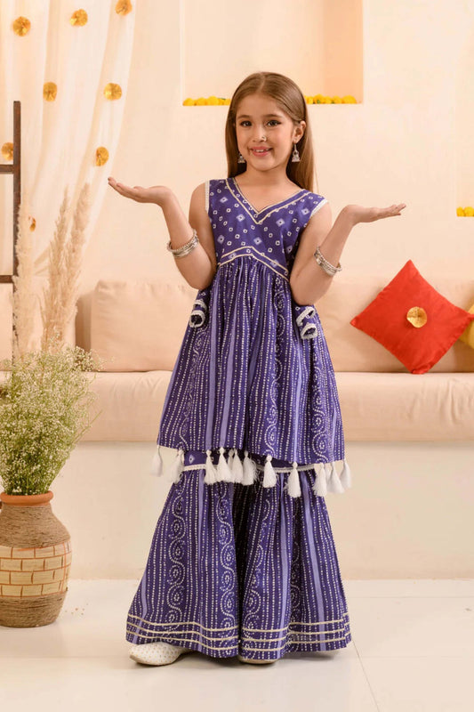 Trendy Purple Bandhani Print Girls Sharara Set with Tassel Detailing