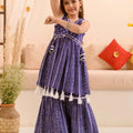 Trendy Purple Bandhani Print Girls Sharara Set with Tassel Detailing