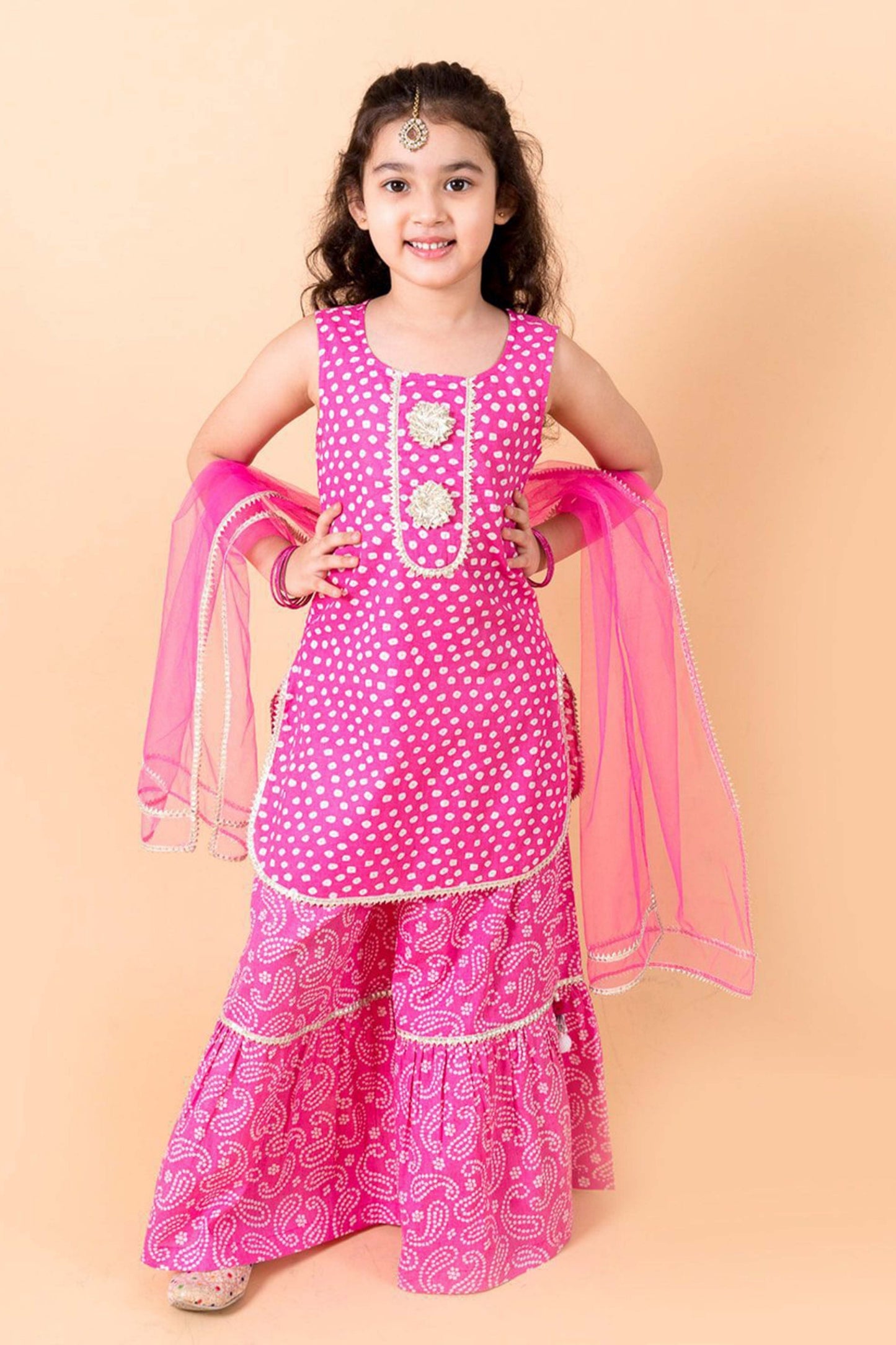 Vibrant Pink Bandhani Print Girls Sharara Set with Dupatta