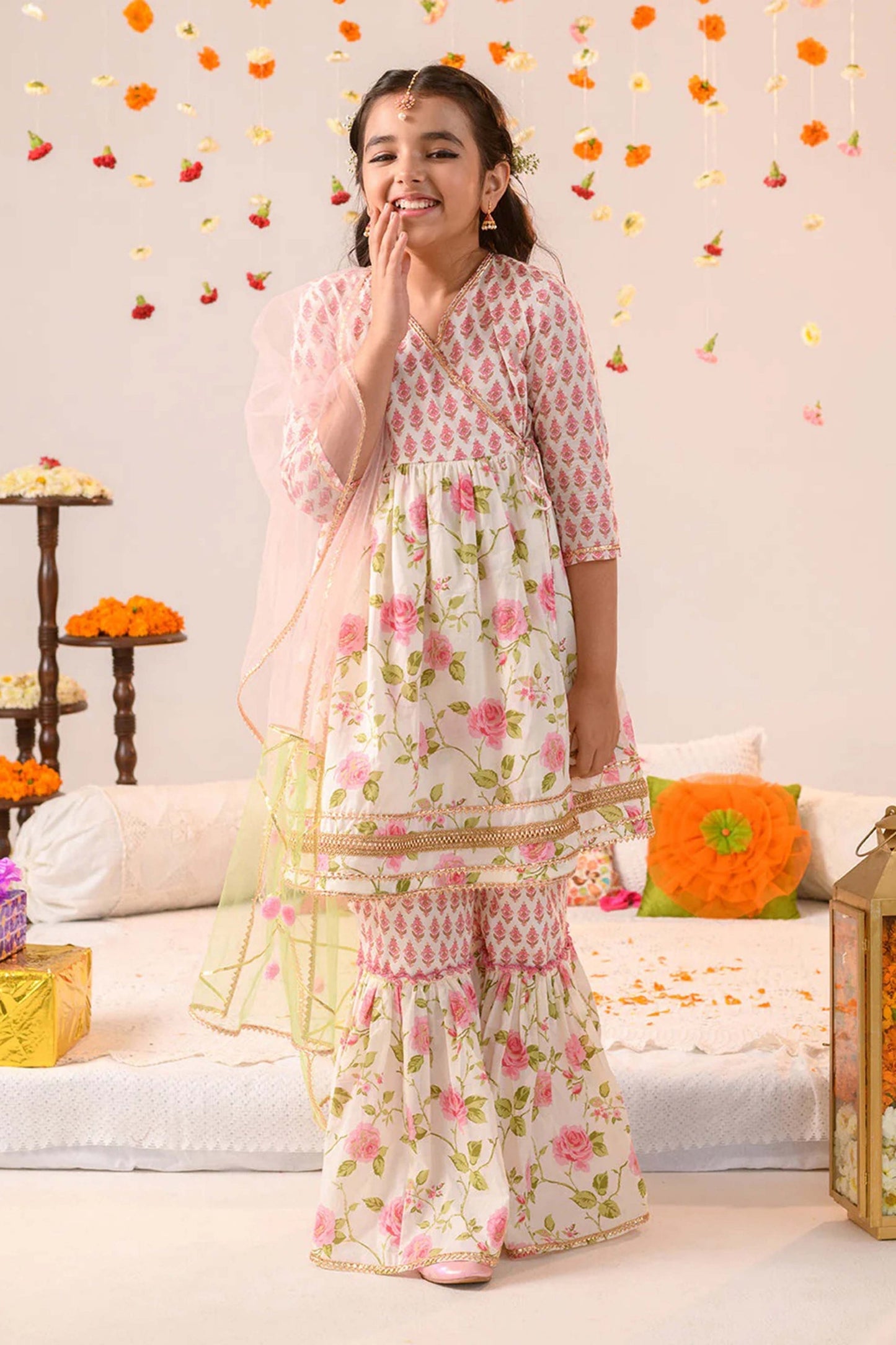 Charming Pink Floral Print Girls Sharara Set with Dupatta