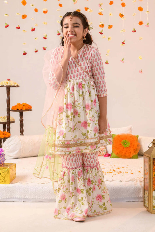 Charming Pink Floral Print Girls Sharara Set with Dupatta