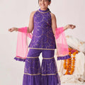 Trendy Purple Printed Girls Sharara Set with Pink Dupatta