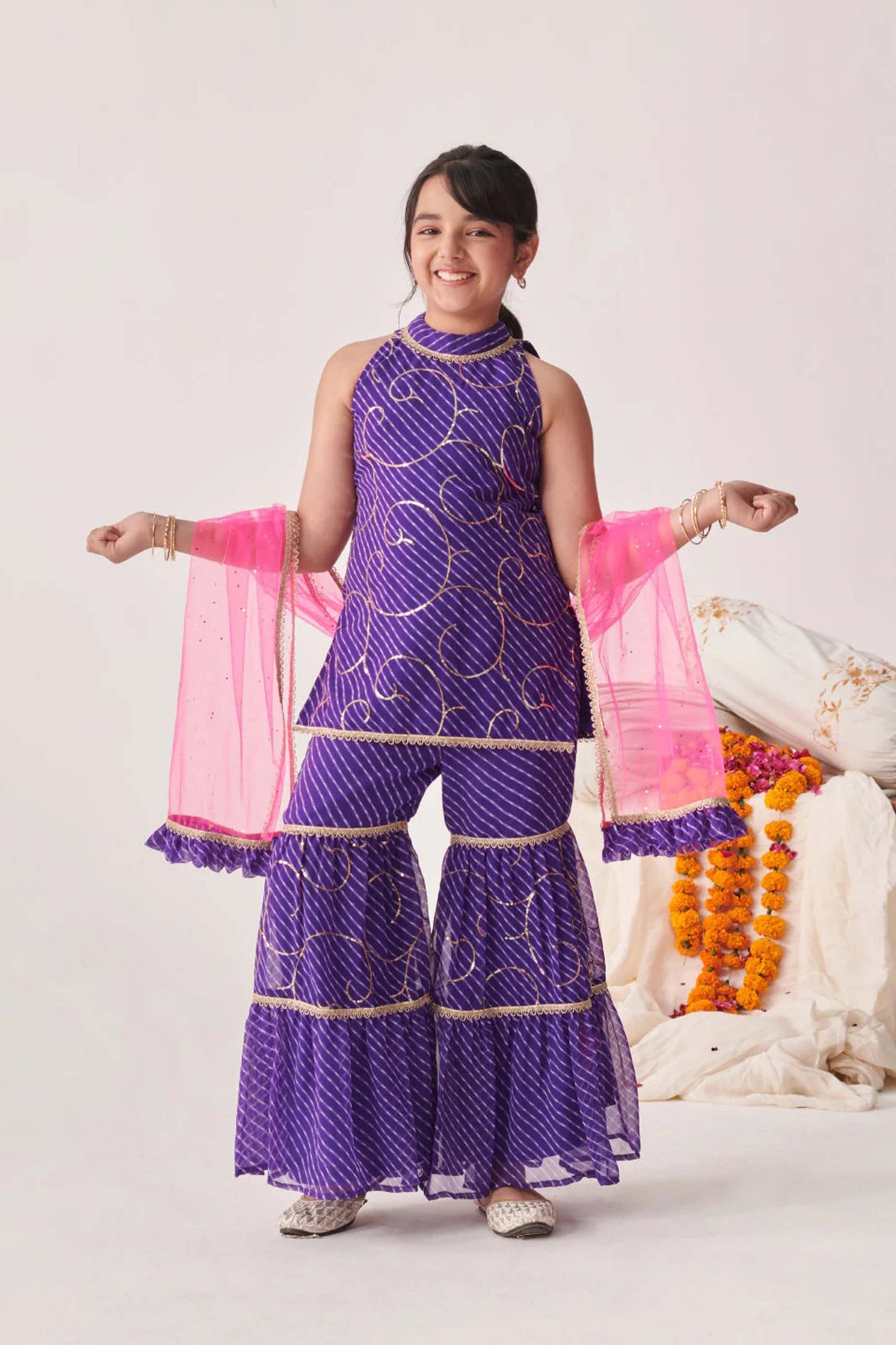 Trendy Purple Printed Girls Sharara Set with Pink Dupatta