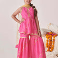 Lovely Pink Printed Girls Sharara Set with Golden Dupatta