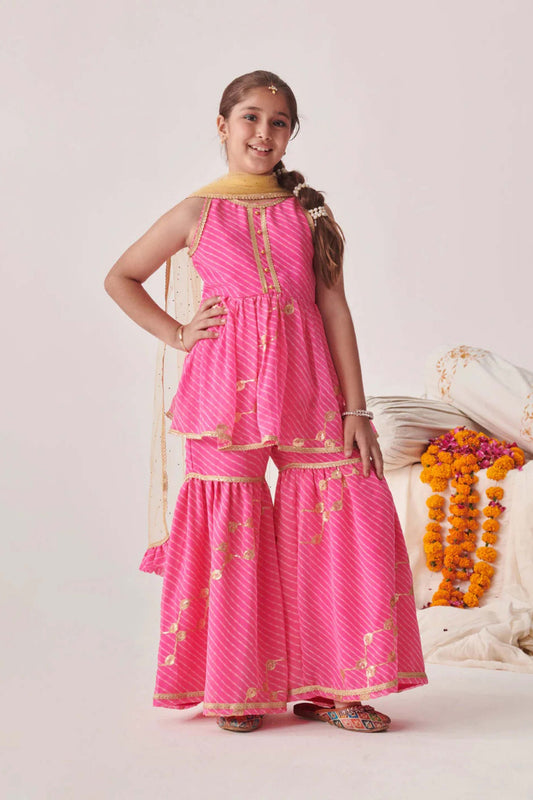 Lovely Pink Printed Girls Sharara Set with Golden Dupatta