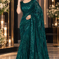Exquisite Dark Teal Green Georgette Silk Saree Sequin Work for Women
