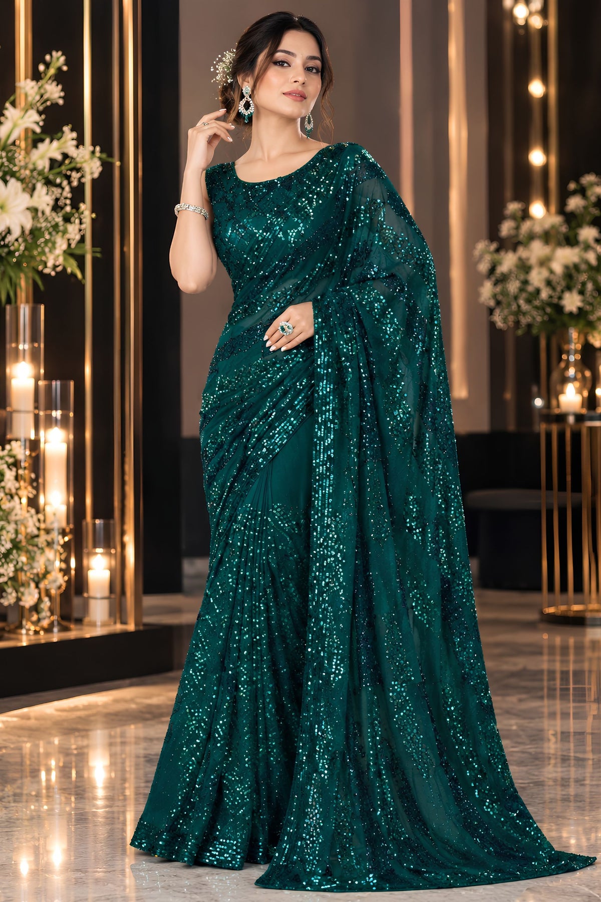 Exquisite Dark Teal Green Georgette Silk Saree Sequin Work for Women