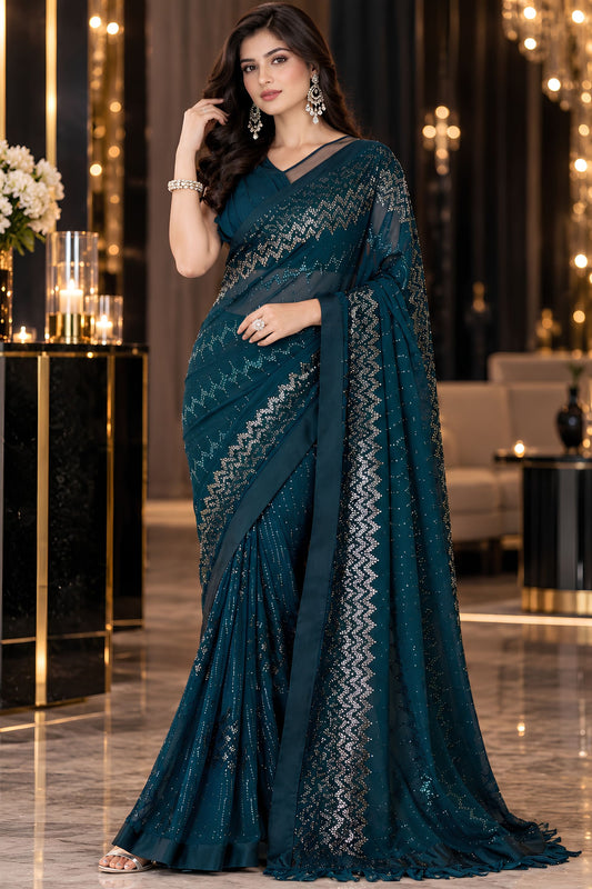 Premium Teal Blue Georgette Silk Saree Sequin Work for Women