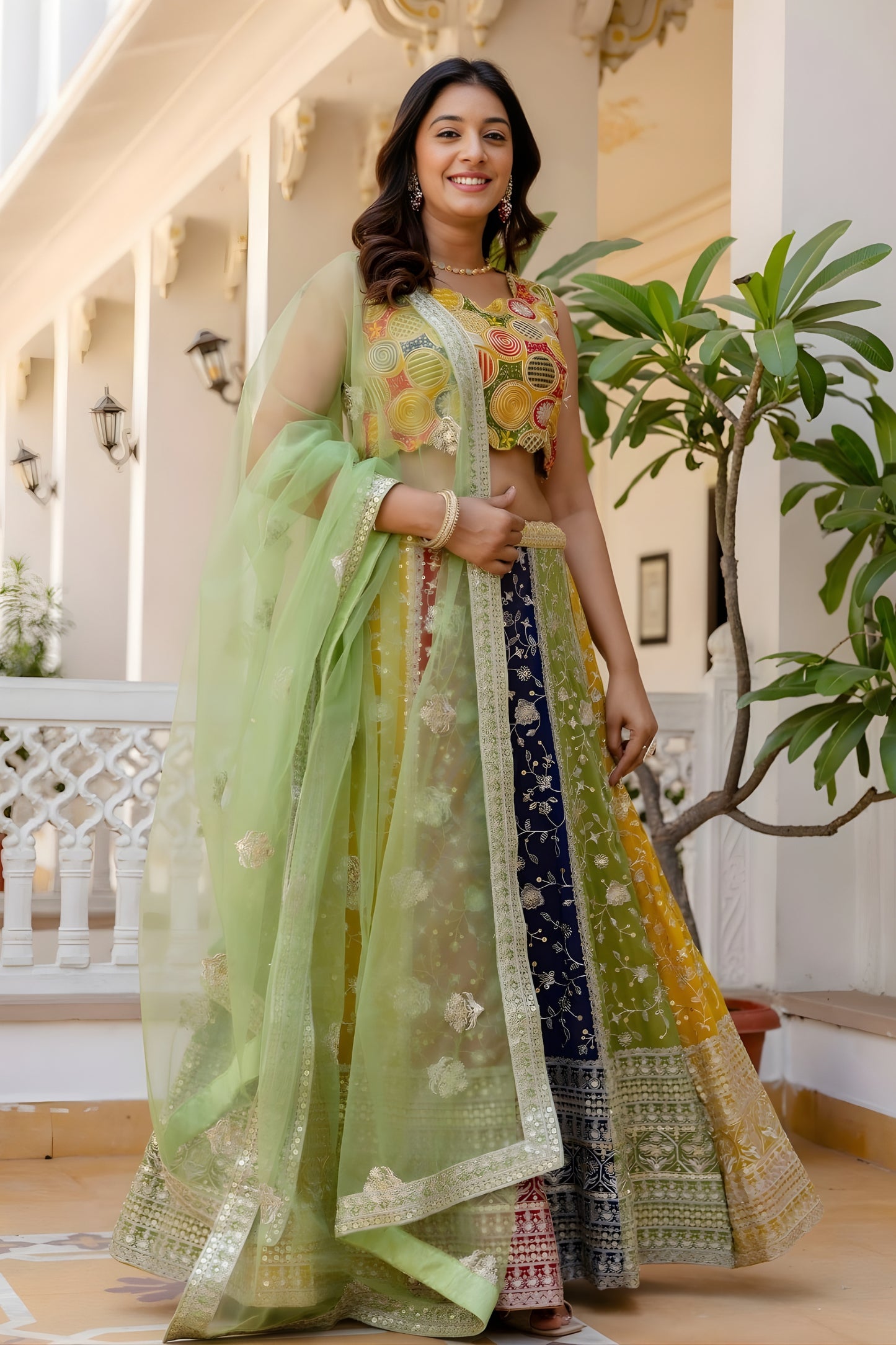 Premium Multicolor Faux Georgette Lehenga Choli with Embroidered Net Dupatta