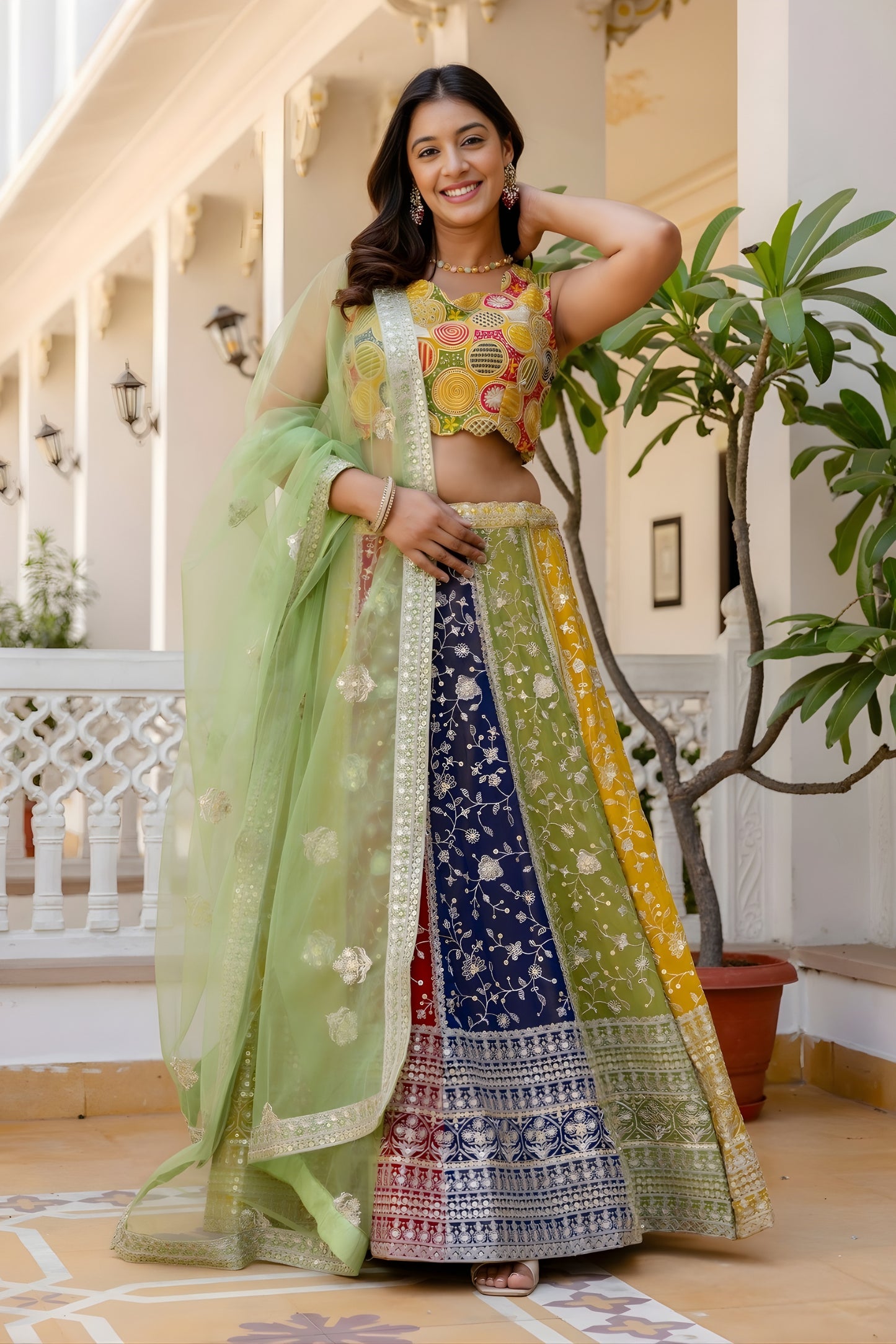 Premium Multicolor Faux Georgette Lehenga Choli with Embroidered Net Dupatta