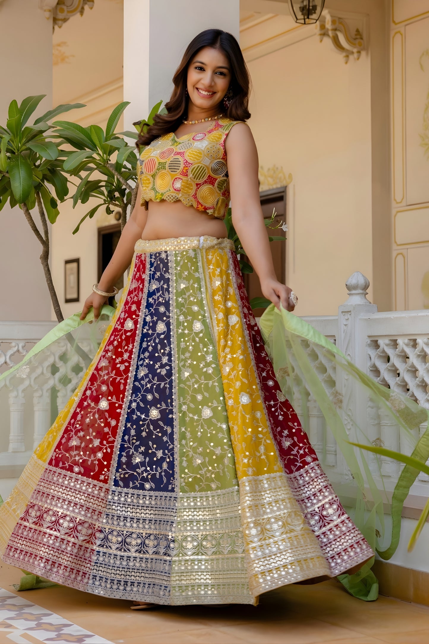 Premium Multicolor Faux Georgette Lehenga Choli with Embroidered Net Dupatta