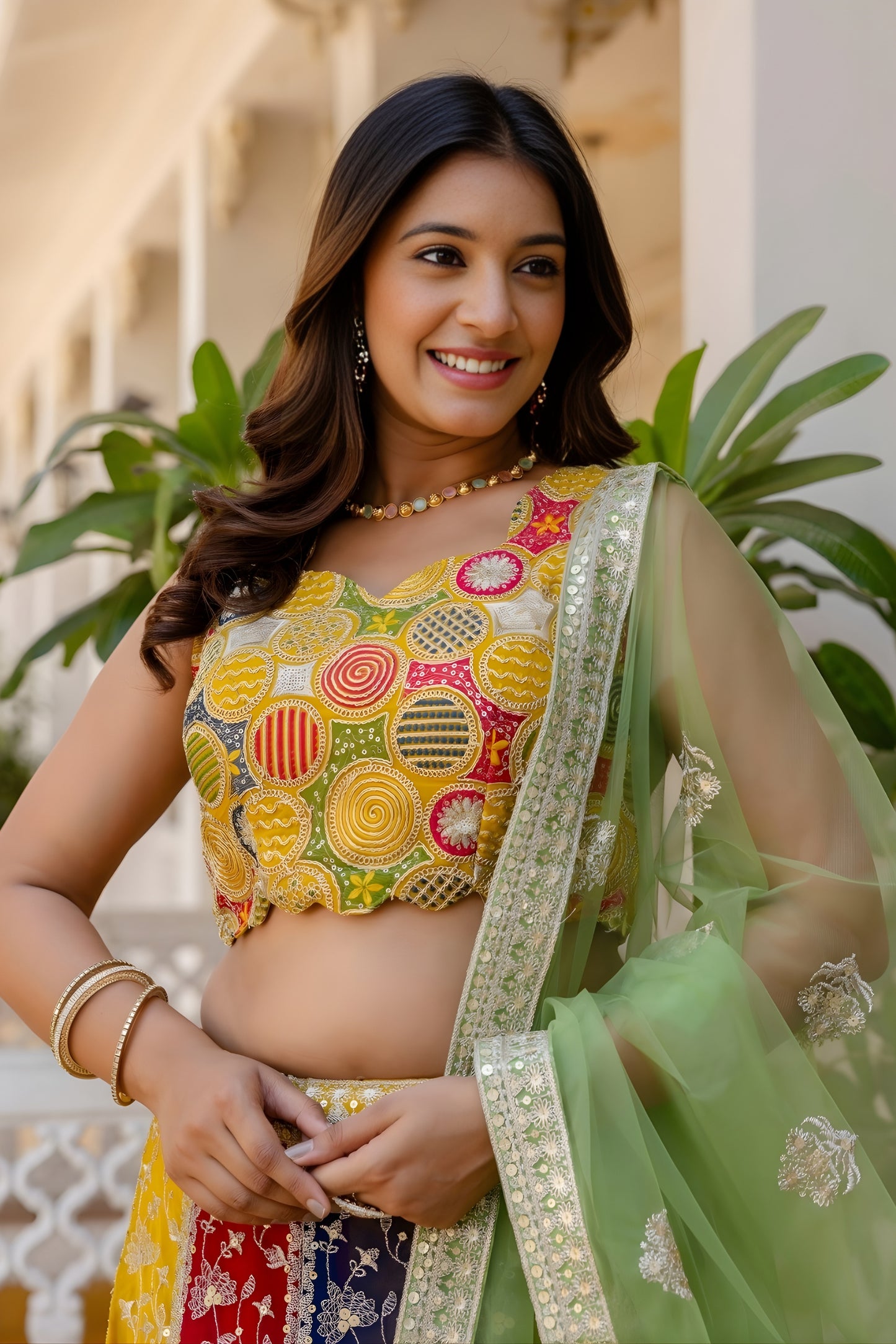 Premium Multicolor Faux Georgette Lehenga Choli with Embroidered Net Dupatta