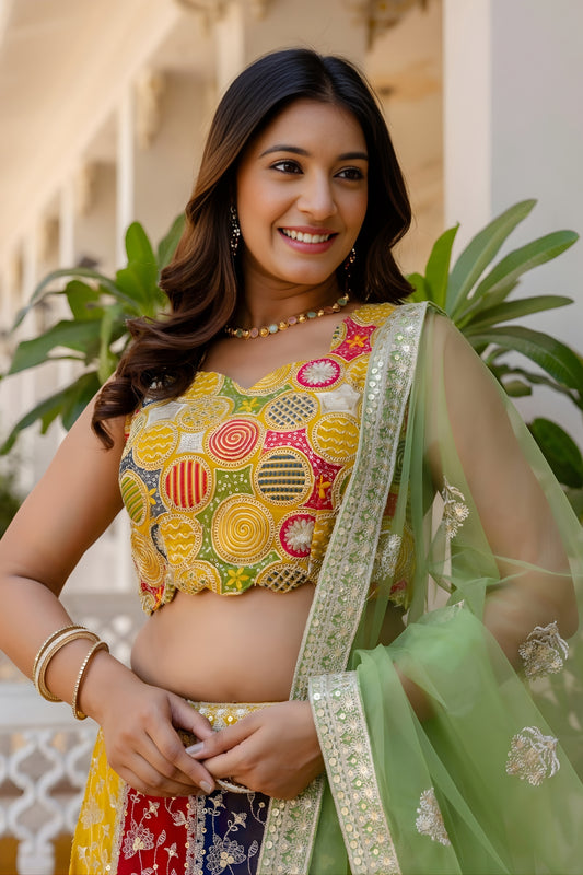 Premium Multicolor Faux Georgette Lehenga Choli with Embroidered Net Dupatta