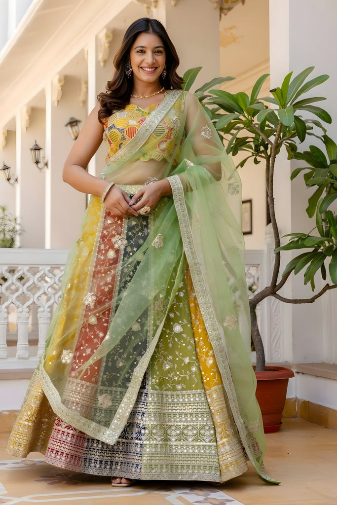 Premium Multicolor Faux Georgette Lehenga Choli with Embroidered Net Dupatta