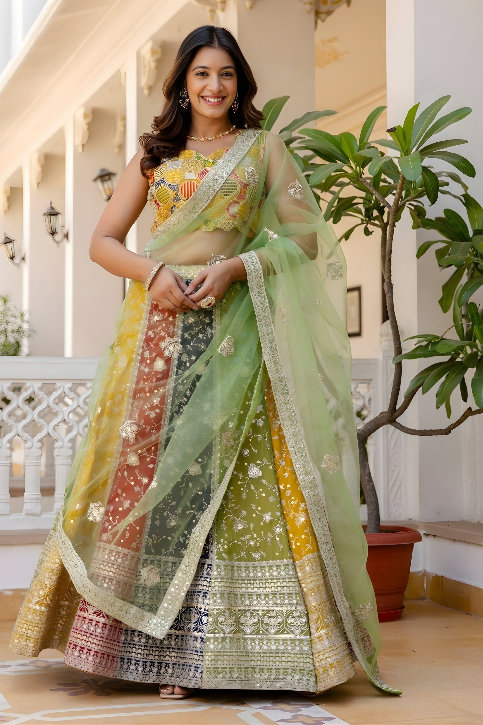 Premium Multicolor Faux Georgette Lehenga Choli with Embroidered Net Dupatta