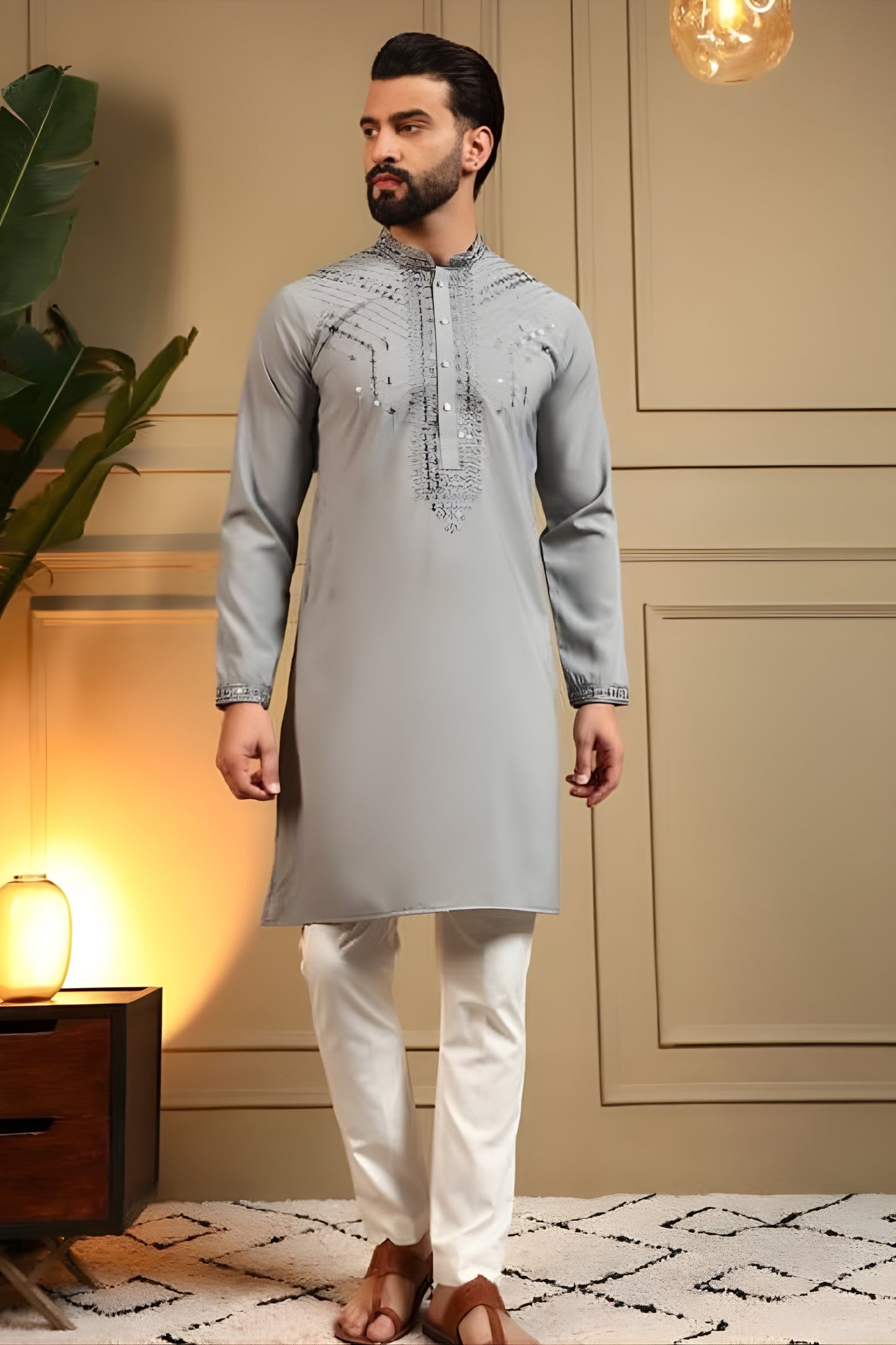 Elegant Grey Armani Fabric Embroidered Readymade Kurta Pyjama for Men