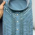 Excellence Sky Blue Armani Fabric Embroidered Readymade Kurta Pyjama for Men