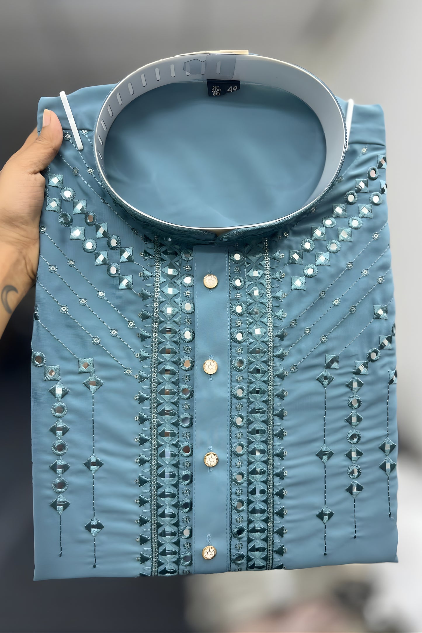 Excellence Sky Blue Armani Fabric Embroidered Readymade Kurta Pyjama for Men