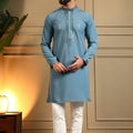 Excellence Sky Blue Armani Fabric Embroidered Readymade Kurta Pyjama for Men