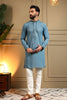 Excellence Sky Blue Armani Fabric Embroidered Readymade Kurta Pyjama for Men