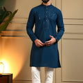Stylish Teal Blue Armani Fabric Embroidered Readymade Kurta Pyjama for Men
