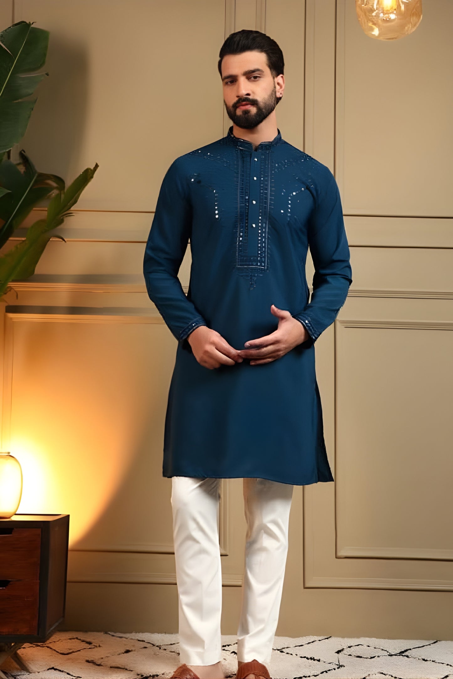 Stylish Teal Blue Armani Fabric Embroidered Readymade Kurta Pyjama for Men
