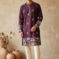 Premium Purple Silk Embroidered Kurta Pyjama Set for Men with Floral Border Work