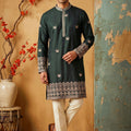 Stylish Rama Green Silk Embroidered Kurta Pyjama Set for Men with Intricate Border Work