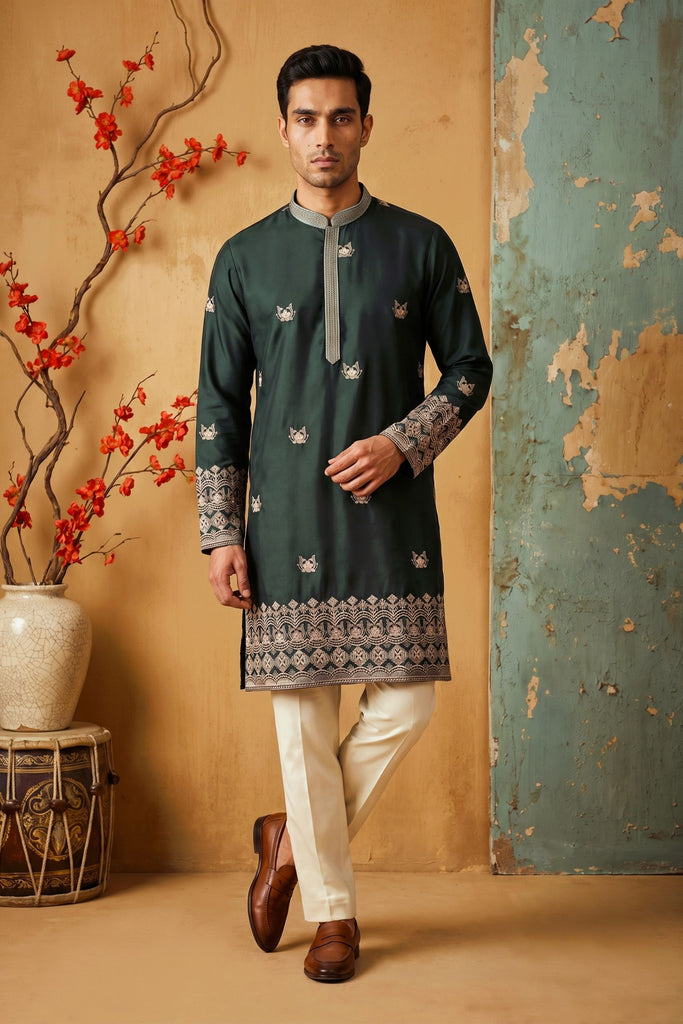 Stylish Rama Green Silk Embroidered Kurta Pyjama Set for Men with Intricate Border Work