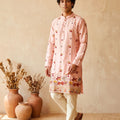 Stylish Peach Pink Silk Embroidered Kurta Pyjama Set for Men with Floral Border Work