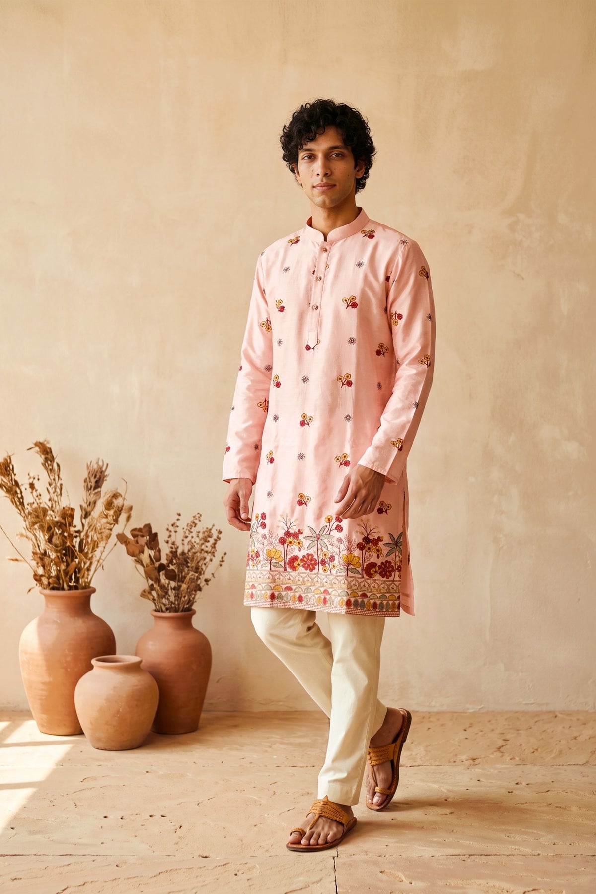Stylish Peach Pink Silk Embroidered Kurta Pyjama Set for Men with Floral Border Work