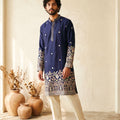 Elegant Navy Blue Silk Embroidered Kurta Pyjama Set for Men with Heavy Floral Border Work