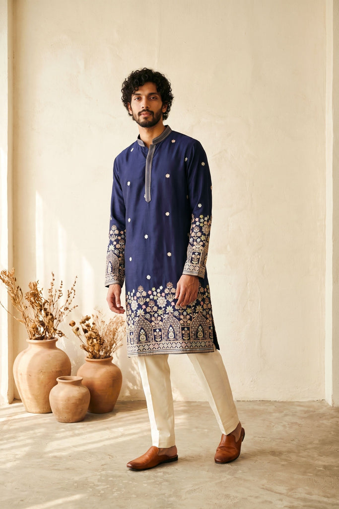Elegant Navy Blue Silk Embroidered Kurta Pyjama Set for Men with Heavy Floral Border Work