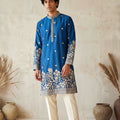 Stunning Royal Blue Silk Embroidered Kurta Pyjama Set for Men with Heavy Floral Border Work