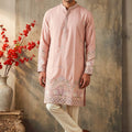 Graceful Pink Silk Embroidered Kurta Pyjama Set for Men with Heavy Peacock Border Work