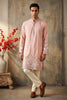 Graceful Pink Silk Embroidered Kurta Pyjama Set for Men with Heavy Peacock Border Work