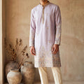 Beautiful Lavender Silk Embroidered Kurta Pyjama Set for Men with Heavy Floral Border Work