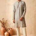 Superb Pista Green Silk Embroidered Kurta Pyjama Set for Men with Heavy Floral Border Work