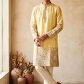 Trendy Light Yellow Silk Embroidered Kurta Pyjama Set for Men with Heavy Floral Border Work
