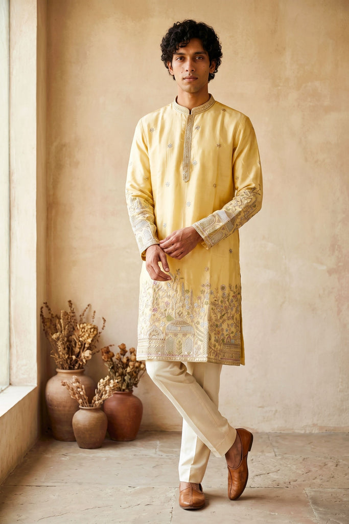 Trendy Light Yellow Silk Embroidered Kurta Pyjama Set for Men with Heavy Floral Border Work