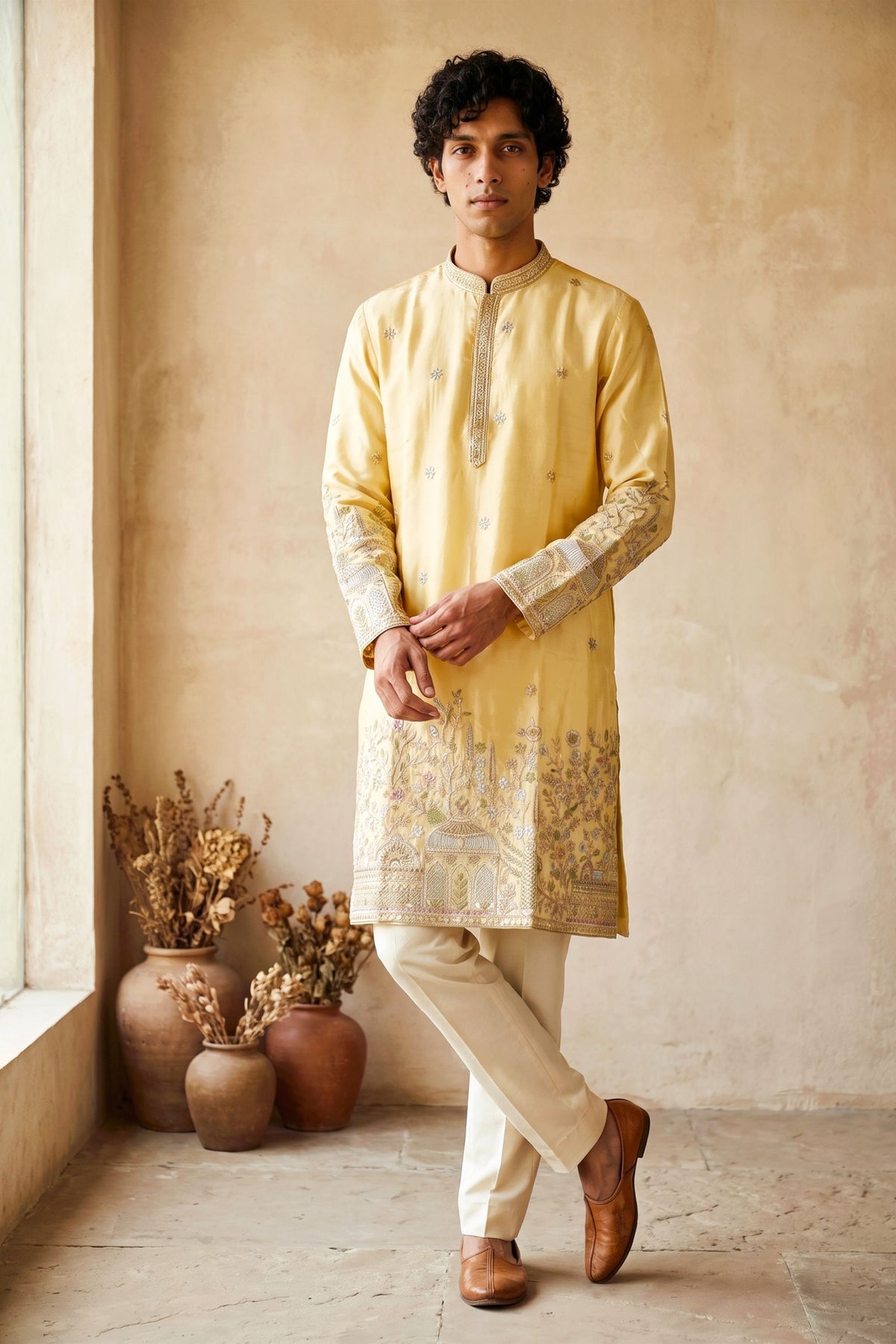 Trendy Light Yellow Silk Embroidered Kurta Pyjama Set for Men with Heavy Floral Border Work