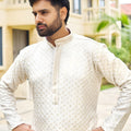 Elegant Off White Rayon Embroidery Designer Kurta Pyjama Set for Men for Wedding